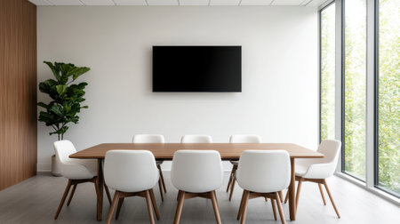 A modern conference room featuring a large table, white chairs, a television, and large windows with greenery outside.の素材