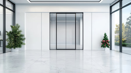 A spacious, modern interior featuring large glass windows, sleek marble flooring, and minimalistic decor accented by greenery and a holiday tree.の素材