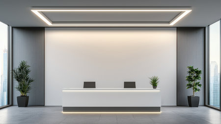 A modern reception area featuring a minimalist design, large windows, and greenery, creating a bright and inviting atmosphere.の素材