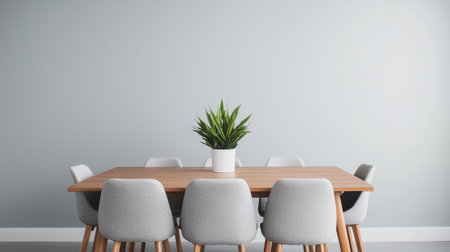 A modern dining room featuring a wooden table, gray chairs, and a green plant centerpiece against a light gray wall.の素材