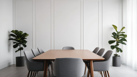A modern conference room featuring a wooden table, gray chairs, and decorative plants against a light, minimalistic wall.の素材