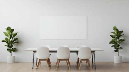 A modern, minimalist conference room featuring a long table, white chairs, and decorative plants against a bright, empty wall.の素材