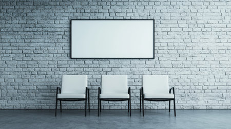 A minimalist waiting area featuring three white chairs against a textured stone wall with a blank frame above.の素材