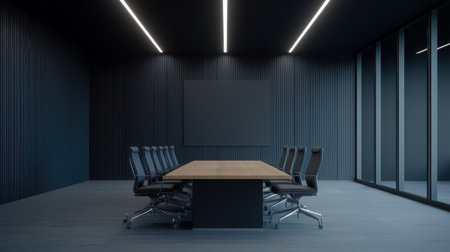 A sleek, modern conference room featuring a long table, ergonomic chairs, and minimalist design elements with a dark color palette.の素材