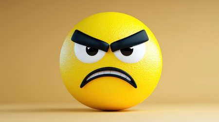 A yellow angry emoji with an exaggerated frown and furrowed brows, set against a warm, neutral background.の素材