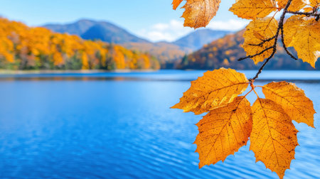 A serene lake surrounded by vibrant autumn foliage under a clear blue sky, showcasing golden leaves against a stunning natural backdrop.の素材