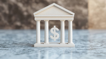 A stylized bank model with a dollar sign, symbolizing finance, stability, and economics on a textured surface.の素材