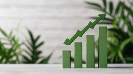 A green bar graph symbolizes growth and progress, set against a natural backdrop of lush greenery.の素材