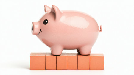 A cute pink piggy bank stands on four orange blocks, symbolizing savings and financial stability.の素材