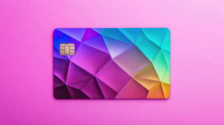 A colorful credit card design featuring vibrant geometric patterns on a pink background.の素材