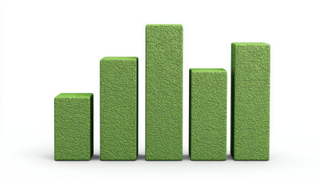 A green bar graph representing growth and data trends, symbolizing environmental sustainability and progress in a visually appealing way.の素材