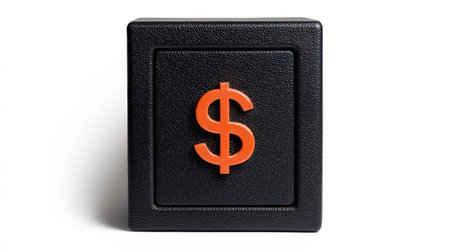 A black safe with a prominent orange dollar sign, symbolizing security and financial savings.の素材