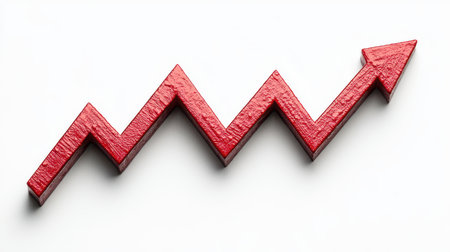 A red zigzag arrow pointing upward, symbolizing growth or an increase in value.の素材