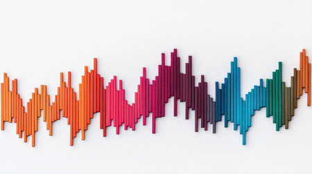 A vibrant soundwave graphic featuring colorful peaks and valleys, representing audio frequencies in an artistic style.の素材