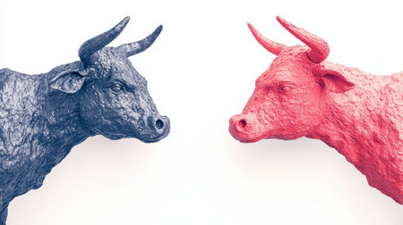 Two stylized bull sculptures, one blue and one red, face each other against a white background, symbolizing contrast and confrontation.の素材