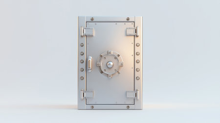 A metallic safe door with a circular lock, showcasing a secure and robust design for protecting valuables.の素材