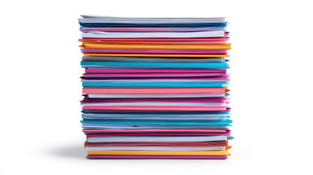 A colorful stack of paper sheets showcases various vibrant hues, neatly arranged in layers, ideal for arts, crafts, or office use.の素材