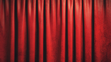 A rich, red velvet curtain drapes elegantly, showcasing its texture and folds, perfect for theatrical settings and enhancing ambiance.の素材