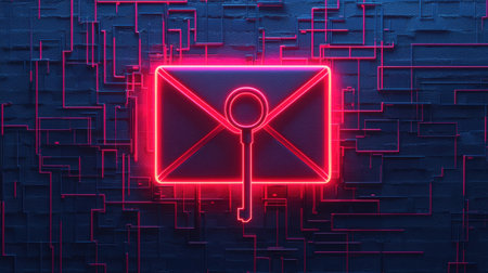 A vibrant neon envelope icon set against a digital background, symbolizing electronic communication and technology.の素材