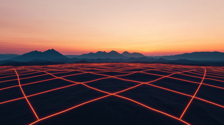 A stunning aerial view of a grid pattern illuminated by red lines, set against a dramatic sunset backdrop with mountains in the distance.の素材