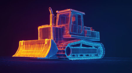 A futuristic wireframe depiction of a bulldozer, featuring bright blue and orange colors against a dark background.の素材