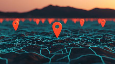 A digital landscape featuring multiple orange location pins over a network of glowing blue lines, symbolizing connectivity and geolocation.の素材