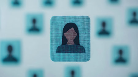 A digital representation of a woman surrounded by abstract user icons, emphasizing online identity and connectivity in a tech-driven world.の素材