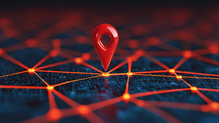 A vibrant red location pin stands prominently on a dark, interconnected network of points, symbolizing navigation and digital mapping.の素材