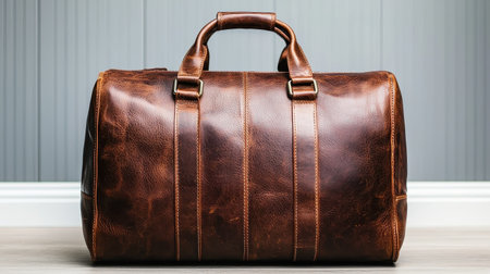 A vintage brown leather duffle bag rests on a wooden floor against a textured wall, showcasing its classic design and craftsmanship.の素材