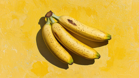 Three ripe bananas resting on a vibrant yellow background, showcasing their smooth texture and natural spots.の素材