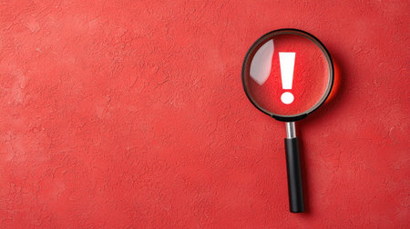 A magnifying glass highlights an exclamation mark on a red background, symbolizing urgency or the need for attention.の素材