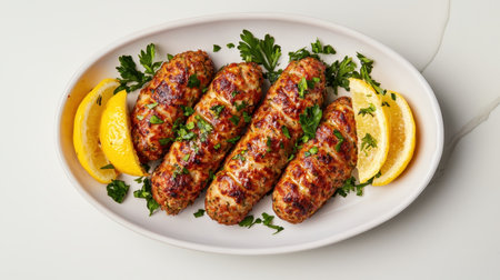 Juicy sausages garnished with fresh parsley and lemon wedges, served on a white platter, perfect for a delicious meal.の素材