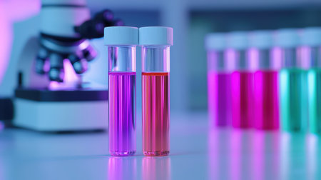 Two test tubes with colorful liquids stand in front of a microscope, showcasing vibrant hues in a laboratory setting.の素材