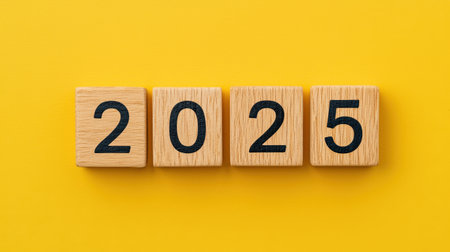 The image features wooden blocks displaying the year "2025" against a vibrant yellow background.の素材