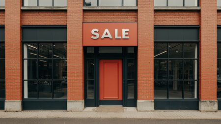 A storefront featuring a prominent "SALE" sign on a red background, surrounded by large windows and brick architecture.の素材
