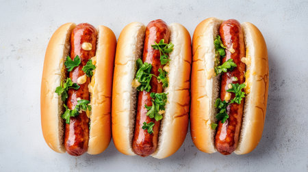 Three delicious hot dogs topped with fresh herbs, arranged neatly on a light surface, perfect for a summer feast or a casual snack.の素材