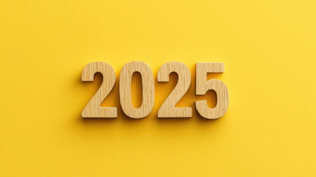 The image features the numbers "2025" in wooden texture against a bright yellow background, symbolizing the upcoming year.の素材