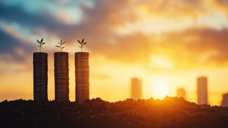 A serene sunset showcases three stacks of coins with green sprouts, symbolizing growth and financial prosperity.の素材