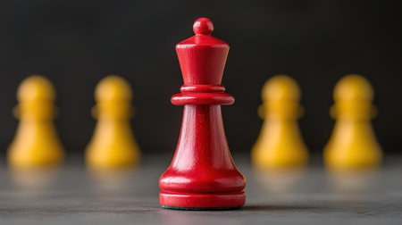 A red chess king stands prominently in front of yellow pawns, symbolizing strategy and competition in gameplay.の素材