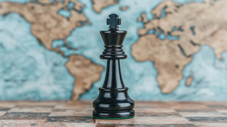 A black chess king piece stands prominently on a chessboard in front of a world map, symbolizing strategy and global competition.の素材