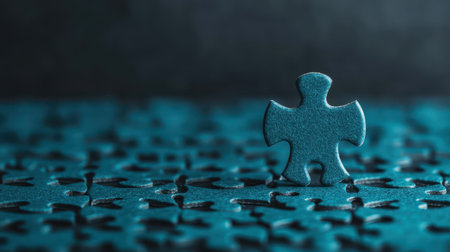 A solitary blue puzzle piece stands out against a textured background, symbolizing individuality and the quest for completion.の素材