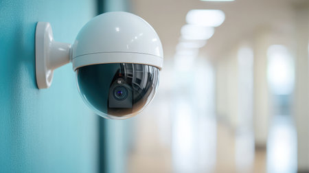 A surveillance camera mounted on a wall, monitoring a hallway illuminated by bright lights, emphasizing security and vigilance.の素材