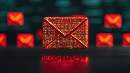 A glowing red envelope stands out against a dark digital background filled with faint email icons, symbolizing communication and technology.の素材