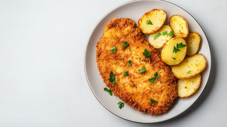 A golden-brown breaded chicken cutlet served with roasted potatoes, garnished with fresh parsley, on a light-colored plate.の素材
