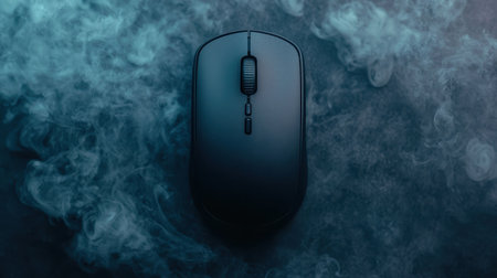 A sleek black computer mouse rests on a misty surface, creating a modern and tech-inspired aesthetic.の素材