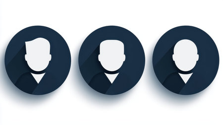 Three simplified profile icons representing male figures with different hairstyles, set against a dark background.の素材