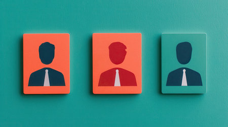 Three simplified human icons in contrasting colors against a teal background, representing diversity or professional profiles.の素材