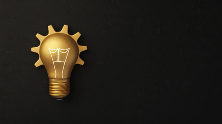 A golden light bulb with a sun-shaped base against a dark background, symbolizing creativity and innovative ideas.の素材