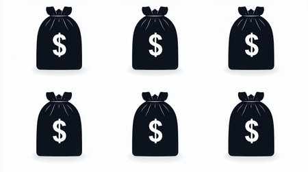Six black money bags with dollar signs, arranged in two rows, symbolize wealth and financial abundance.の素材
