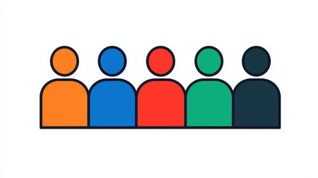 A simple illustration of six stylized figures in various colors, representing diversity and teamwork.の素材